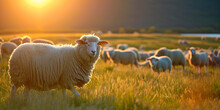 Sheep Like Scattered Pearls Adorn The Emerald Canvas Of A Hill Bathed In The Sunset's Fiery Hues, Flock Of Sheep Grazing In A Hill At Sunset

