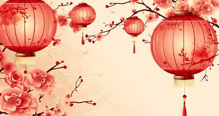 Wall Mural - discount banner chinese new year with lattern ornament on red background, flyer, poster flat design perfect for your business design needs. AI generated illustration