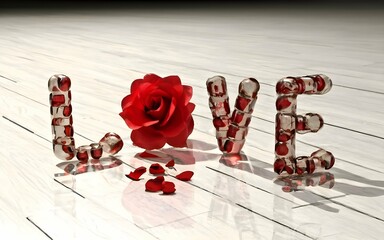 Wall Mural - 3D Red Love word text with glass shape and reflection on floor, romantic valentine day background with rose flower.