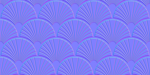 Seamless embossed Art Deco palm fan normal map background texture. Retro nautical shell wallpaper relief repeat pattern. Realistic 8k interior design height bump mapping material shader 3D rendering.