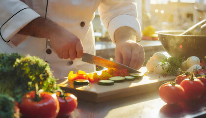 Wall Mural - A chef's skilled hands chopping fresh vegetables for a healthy and delicious salad in a vibrant kitchen