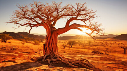 Wall Mural - Close-up of a baobab tree against a desert background. Scorching heat, sunshine. Desert landscape. Generative AI