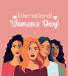 Vector banner for International Women's Day, women of different cultures and nationalities stand together. Vector concept of movement for gender equality and women's empowerment