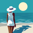 Vector flat illustration A woman in white clothes, a swimsuit and a hat walks along the beach. Woman back view. The girl is on vacation. Sea, sky, girl