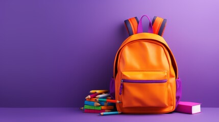 Wall Mural - Vibrant purple schoolbag with colorful school supplies for children's back to school - classroom background with books, pens, and pencils - educational concept for kids