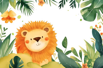 Cute cartoon lion frame border on background in watercolor style.