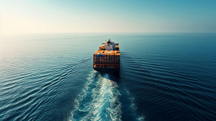 A massive container ship transporting goods across the ocean Background open sea with gentle waves, emphasizing the scale of the ship Colors steel gray of the ship, deep blue of the ocean, clea