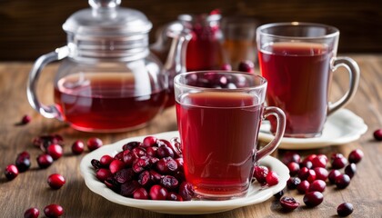 Sticker - A plate of cranberries and a glass of cranberry juice