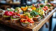 Artisan open-faced sandwiches on a rustic wooden board