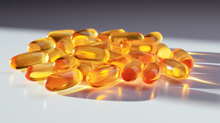 Wall Mural - Omega-3 fish oil capsules on a dark wooden background. selective focus. Generative AI,