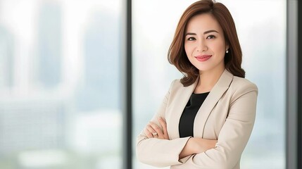 Poster - Happy businesswoman in modern office meeting room with copy space on blurred glass walls background