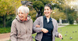 © N F/peopleimages.com - Senior woman, walker and nurse outdoor in a park with healthcare for elderly exercise. Walking, healthcare professional and female person with peace and physical therapy in a public garden with carer