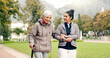 © N F/peopleimages.com - Senior woman, walker and nurse outdoor in a park with healthcare for elderly exercise. Walking, healthcare professional and female person with peace and physical therapy in a public garden with carer