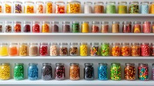 Colorful Candy Jars Neatly Organized On Shelves