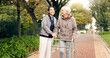 © N F/peopleimages.com - Senior woman, walker and nurse outdoor in a park with healthcare for elderly exercise. Walking, healthcare professional and female person with peace and physical therapy in a public garden with carer
