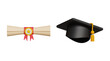 © DETHAL - 3D graduation ceremony hat with degree or diploma certificate. Goal, Achievement, Business Graduation Concept. Graduate cap with tassel and diploma roll icon. 3d illustration