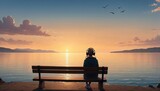 Fototapeta Sypialnia - Woman sitting on a bench facing the sea listening to music with headphones