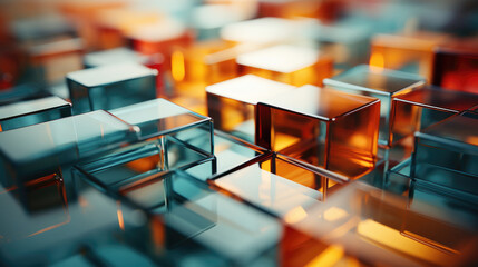 Wall Mural - 3D abstract background of reflective teal and orange glass cubes with copy space