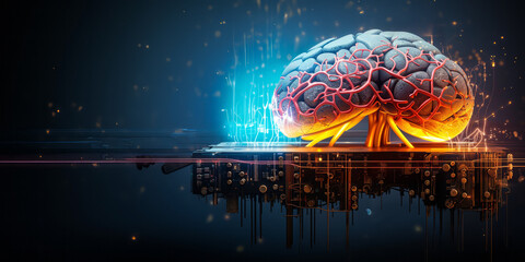 Wall Mural - Futuristic human brain juxtaposition with half organic and half circuitry illustrating concepts of artificial intelligence, neural networks, and modern technology