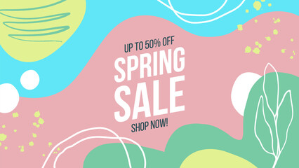 Aufkleber - Spring Sale Commercial Background. Springtime season sale promotional banner. Hand drawn abstract elements. Vector illustration.