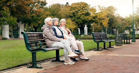 Wall Mural - Happy, senior friends and walking together on an outdoor path or relax in nature with elderly women in retirement. People, talking and sitting for conversation on a park bench in autumn or winter