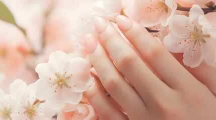 Female hand with peach manicure in flowers close-up.