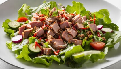 Poster - A plate of food with chicken, tomatoes, lettuce, cucumbers, and red onions