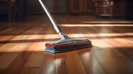 Floor cleaning with mob and cleanser foam. Cleaning tools on parquet floor.
