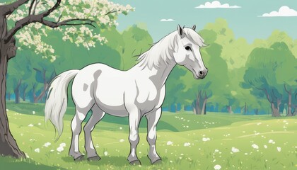 Wall Mural - A white horse standing in a field with trees in the background