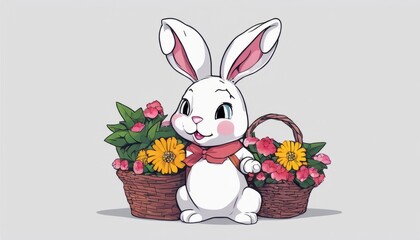 Wall Mural - A white bunny holding a basket of flowers