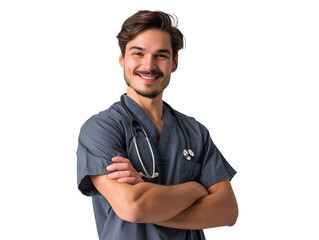 Portrait of smiling male doctor isolated transparent background.