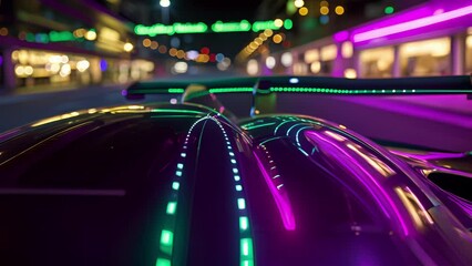 Poster - The words Speed Demon written in bright green neon wire on the hood of a neon purple racing car.