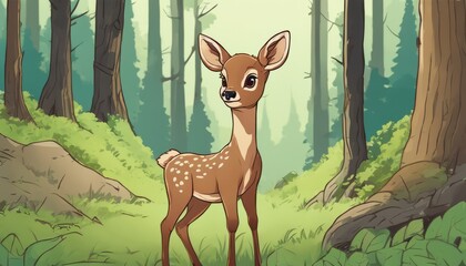 Poster - A deer in a forest with trees and grass