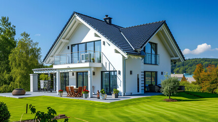 Wall Mural - Idyllic German Home: Bright Facade with Lush Green Grass in Perfect Weather