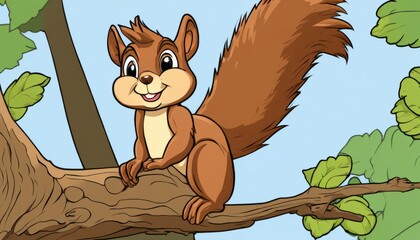 Wall Mural - A cartoon squirrel sitting on a tree branch