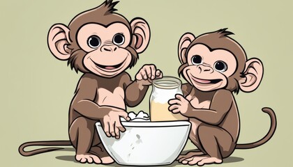 Canvas Print - Two monkeys eating something from a bowl