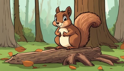 Poster - A cartoon squirrel sitting on a log