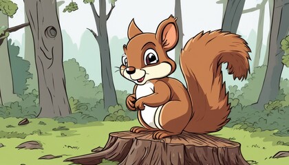 Wall Mural - A cartoon squirrel sitting on a tree stump