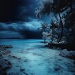 Infrared photograph of a tropical beach with palm trees fronting on the ocean under dark and gloomy skies. From the series “Terminal Beach,