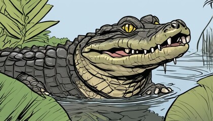 Wall Mural - A cartoon alligator with yellow eyes