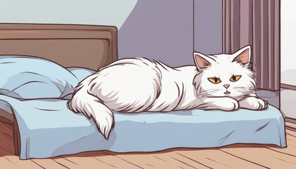 Sticker - A white cat laying on a bed