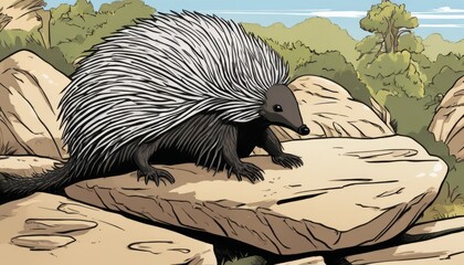 Canvas Print - A cartoon porcupine on a rock