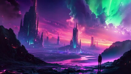 Sticker - A celestial phenomenon with neon green and purple auroras dancing in the sky above a neon city on a distant planet.