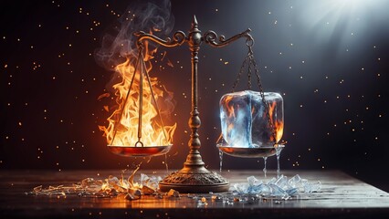 Wall Mural - A scale is tipping to the left with one side representing fire and the other ice.