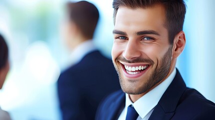 Poster - Joyful businessman at office meeting, blurred glass walls background with space for text placement.