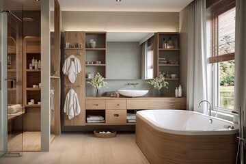 A comfortable bathroom featuring a generously-sized tub and sink, creating a relaxing and functional space., Modern farhmouse decor bathroom with wood accents and pale colors, AI Generated