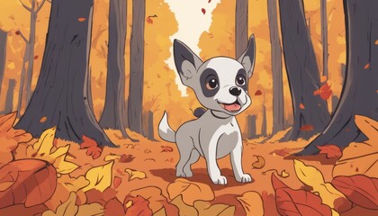 Sticker - A small white dog with a black nose and brown ears standing in a forest