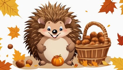 Poster - A cartoon hedgehog is holding a basket of nuts