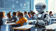 An android robot is in a big classroom with school children. AI learning, technologies development