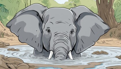 Sticker - A baby elephant in a pond